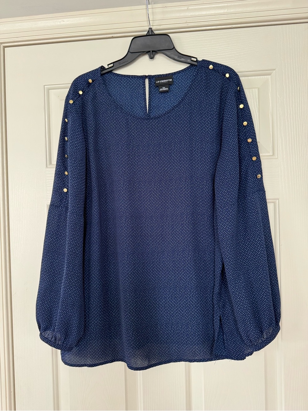 Liz Claiborne Navy Dot-Print Blouse with Gold Studs Fourth of July XXL